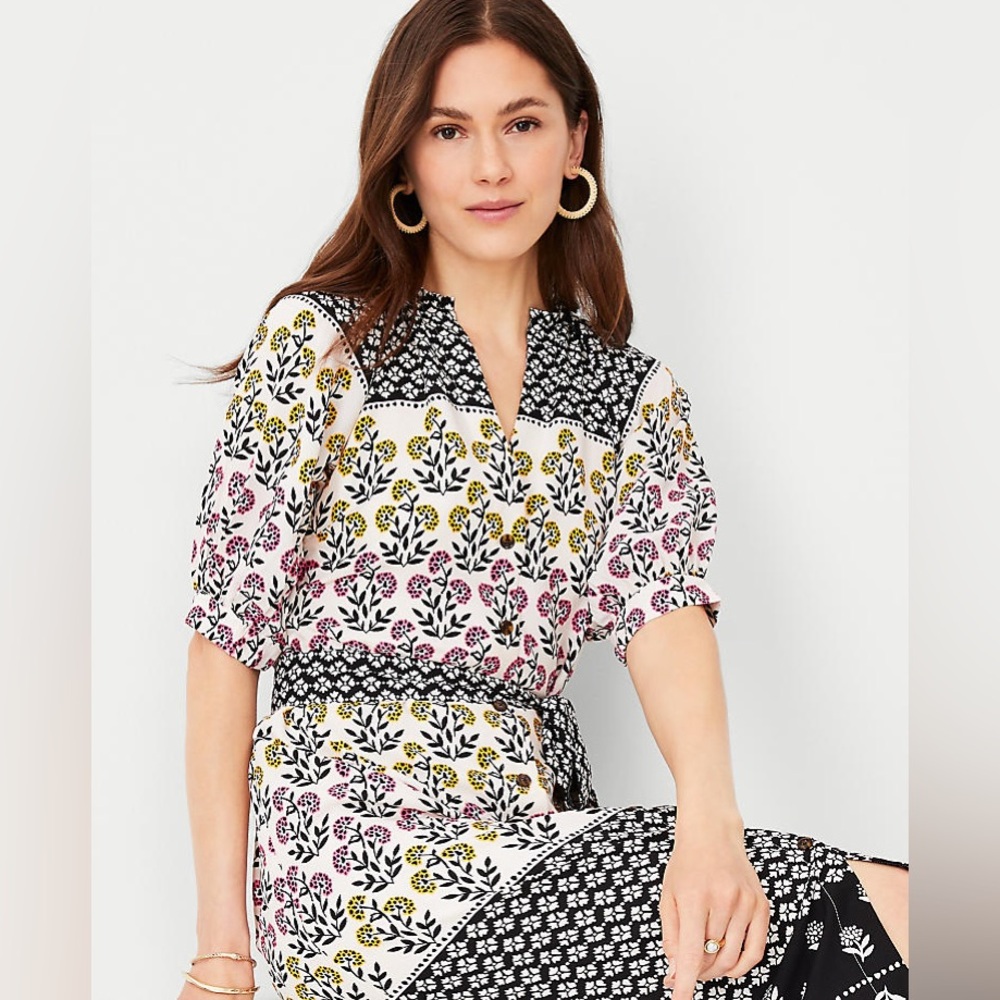 Ann Taylor |Border Floral Puff Sleeve Shirtdress w/belt Sz 18